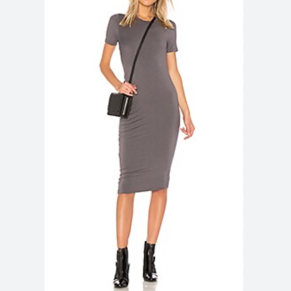 Oak + Fort grey ribbed knit mock neck short sleeve midi length dress XS
